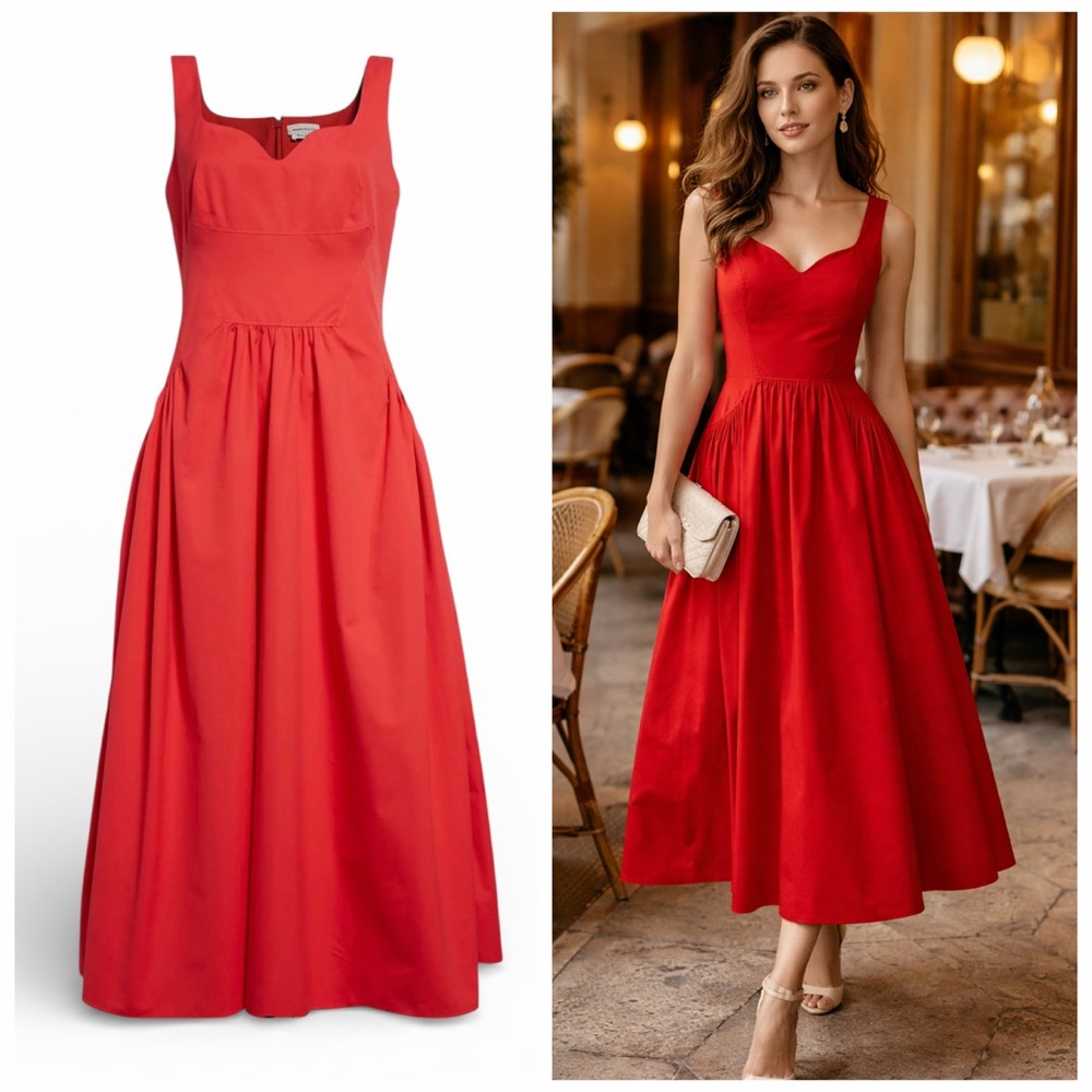 Alexander McQueen Red Cotton Poplin Midi Dress Sleeveless IT 38 US 2 Classic New